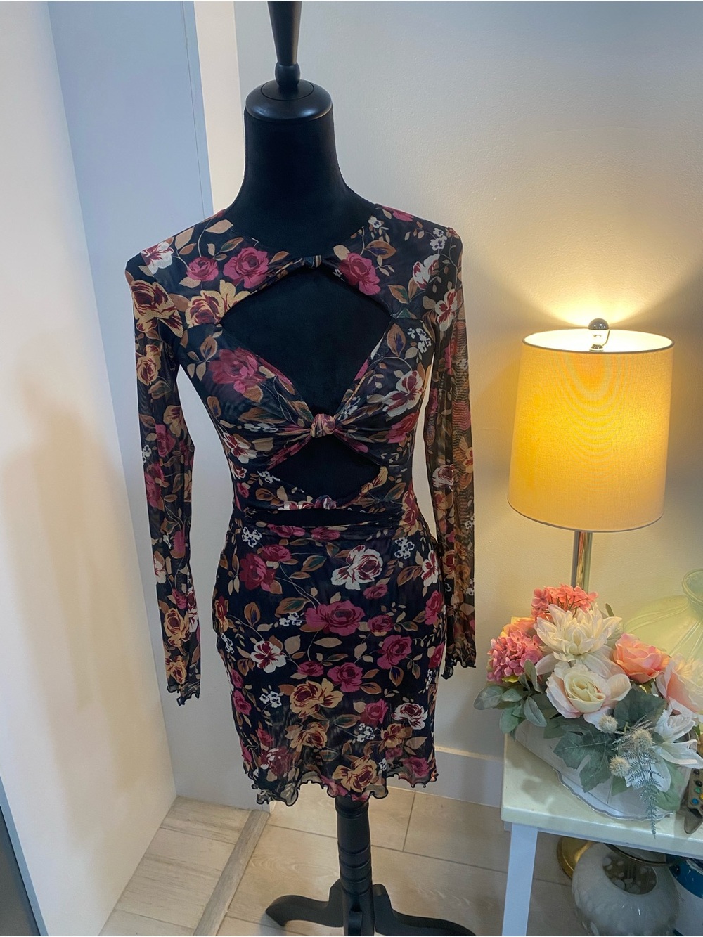 RESA Black Mini Dress with Rose Floral Print and Cutout